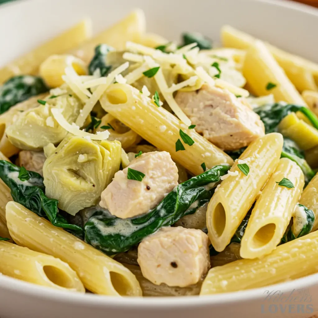 An extreme close-up of artichoke chicken pasta, showing the detailed texture of the chicken, spinach, and creamy Parmesan sauce.