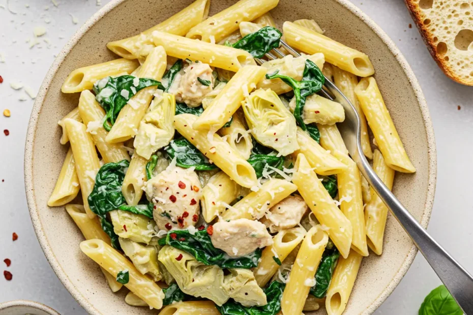 An overhead shot of a rustic bowl filled with creamy chicken, spinach, and artichoke penne pasta, garnished with Parmesan cheese and red pepper flakes, with slices of bread on the side.