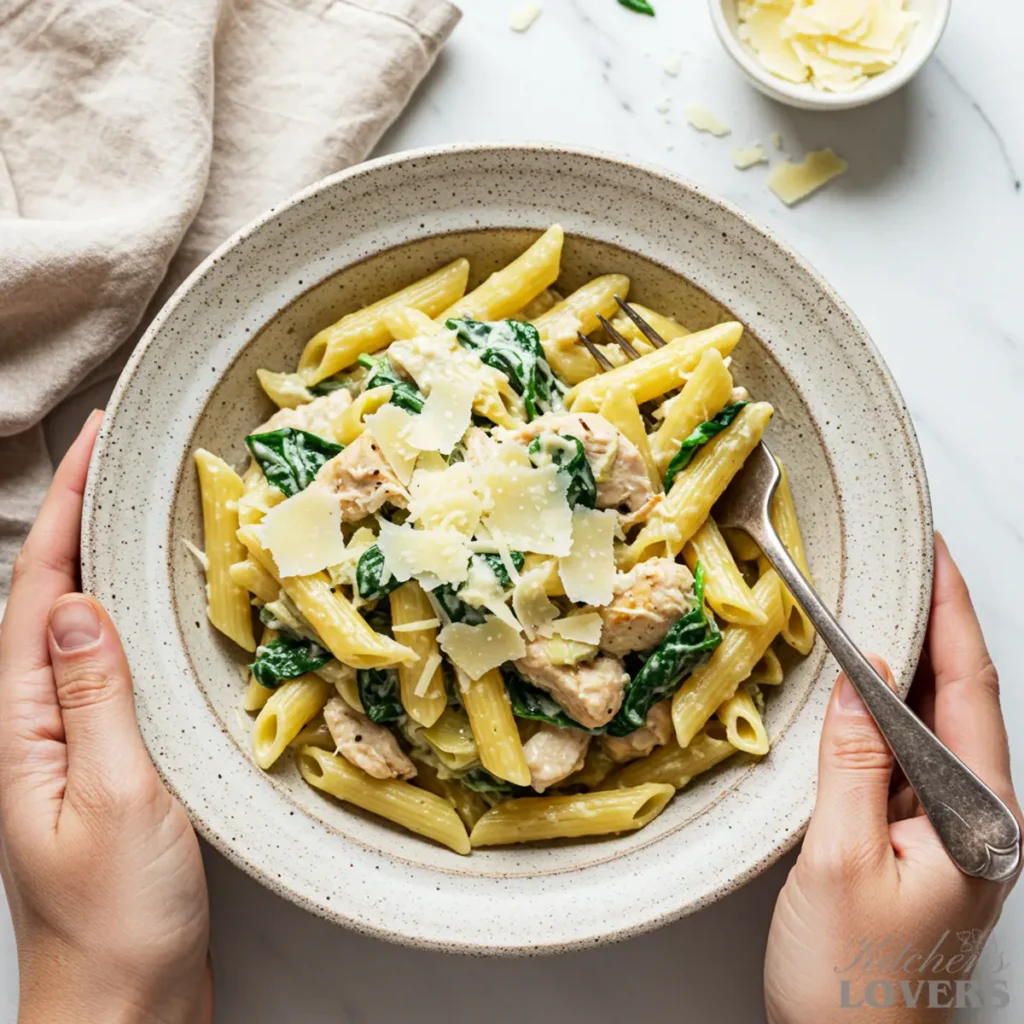 A rustic stoneware bowl filled with creamy artichoke spinach chicken pasta, garnished with shaved Parmesan cheese.
