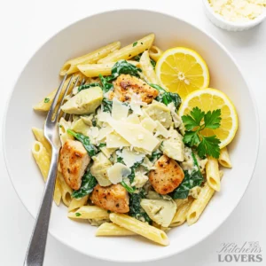 An overhead shot of a white bowl filled with creamy artichoke spinach chicken pasta, set on a marble surface.