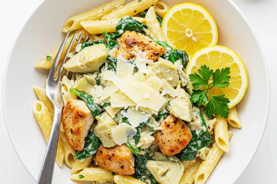 An overhead shot of a white bowl filled with creamy artichoke spinach chicken pasta, set on a marble surface.