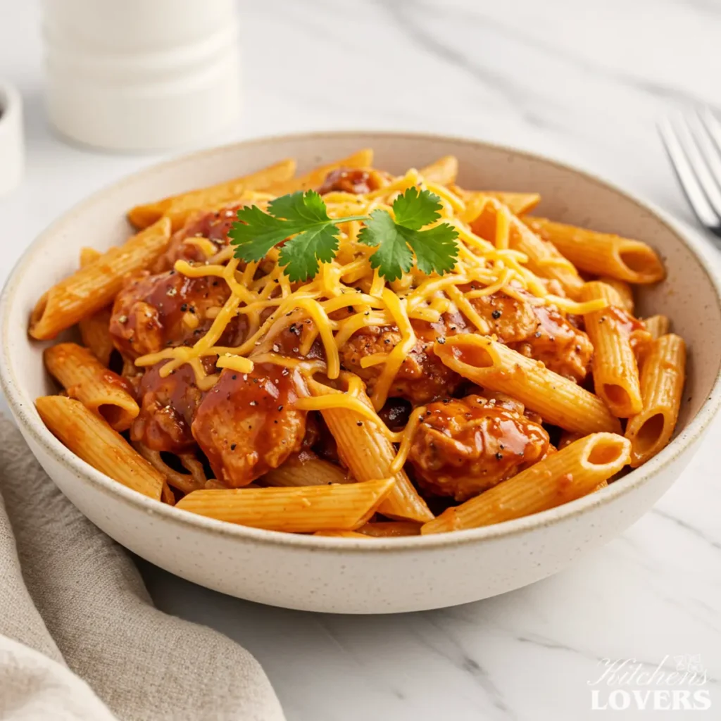 A high-angle photo of a generous serving of BBQ Chicken Pasta in a matte off-white bowl, garnished with fresh cilantro.
