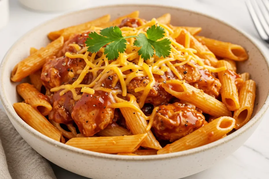 A high-angle photo of a generous serving of BBQ Chicken Pasta in a matte off-white bowl, garnished with fresh cilantro.