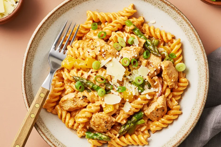 A top-down view of creamy chipotle chicken pasta in a rustic bowl, garnished with green onions and Parmesan.