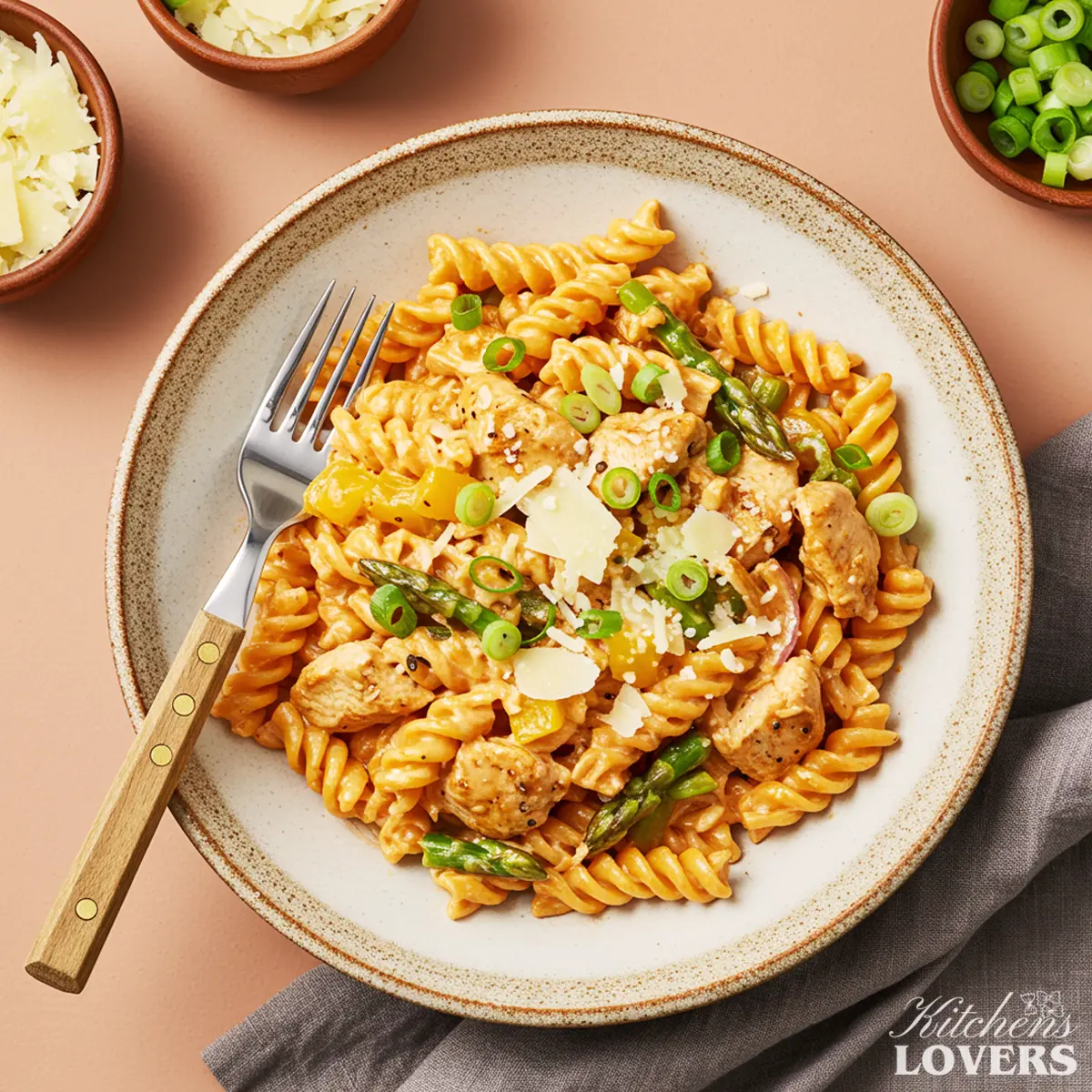 A top-down view of creamy chipotle chicken pasta in a rustic bowl, garnished with green onions and Parmesan.