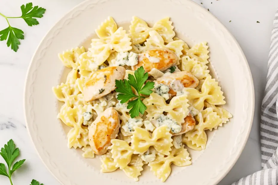 A 90-degree flatlay photo of creamy Chicken Gorgonzola Pasta garnished with fresh parsley.