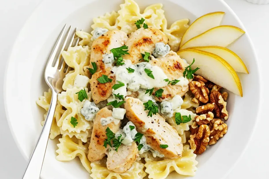 A white bowl filled with creamy chicken gorgonzola pasta with farfalle noodles. The dish is garnished with fresh parsley and served with fresh pear slices and walnuts on the side.