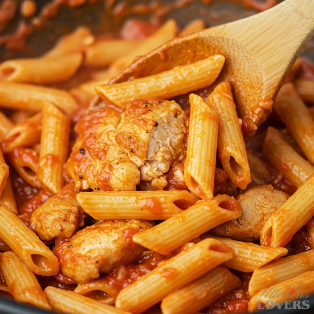 A close-up action shot of chicken pasta marinara being stirred in a large pan with a wooden spoon.