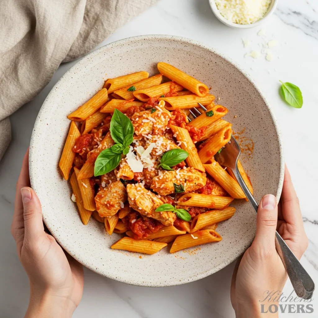 A rustic speckled bowl of chicken pasta marinara, with a fork resting in the dish over a marble background.