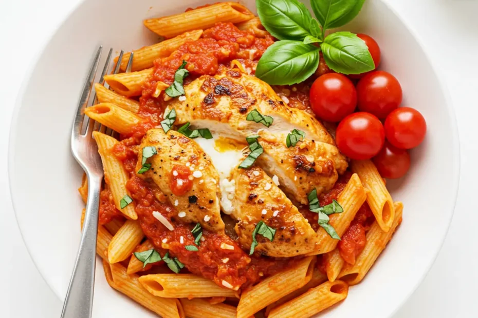 An overhead view of a bowl of chicken pasta marinara on a marble surface with bowls of parmesan and basil nearby.