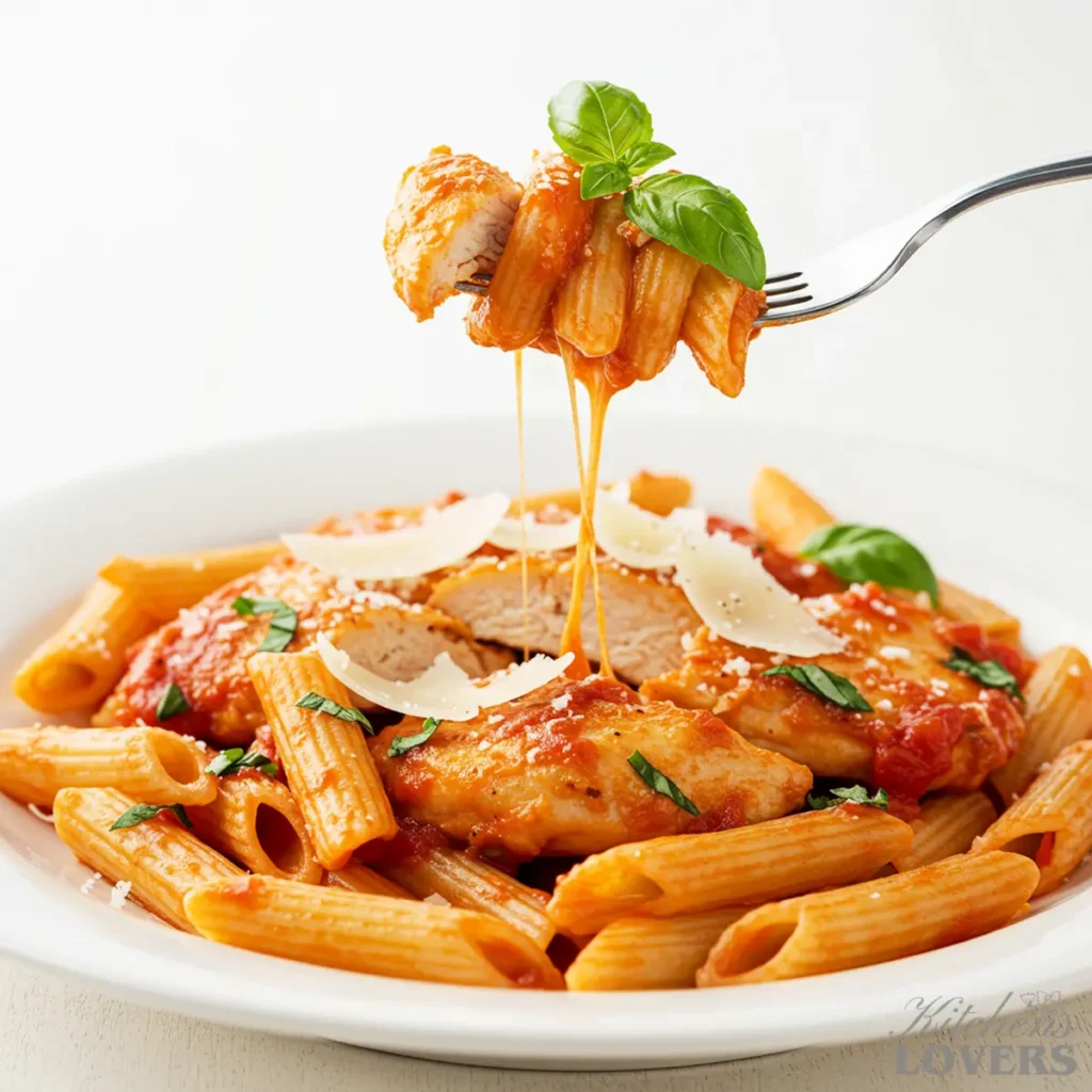 An eye-level, photorealistic close-up of a fork lifting a delicious bite of chicken and penne marinara from a bowl against a clean white background.