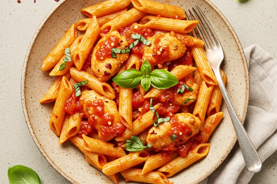 A top-down flatlay photo of a rustic bowl of Chicken Pasta Marinara Sauce with fresh basil and a fork.