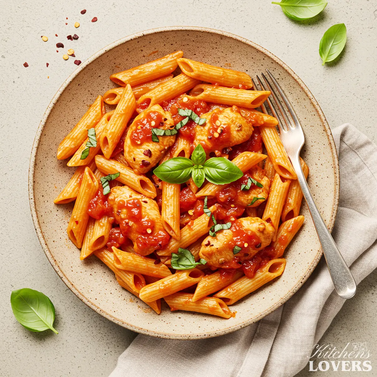 A top-down flatlay photo of a rustic bowl of Chicken Pasta Marinara Sauce with fresh basil and a fork.