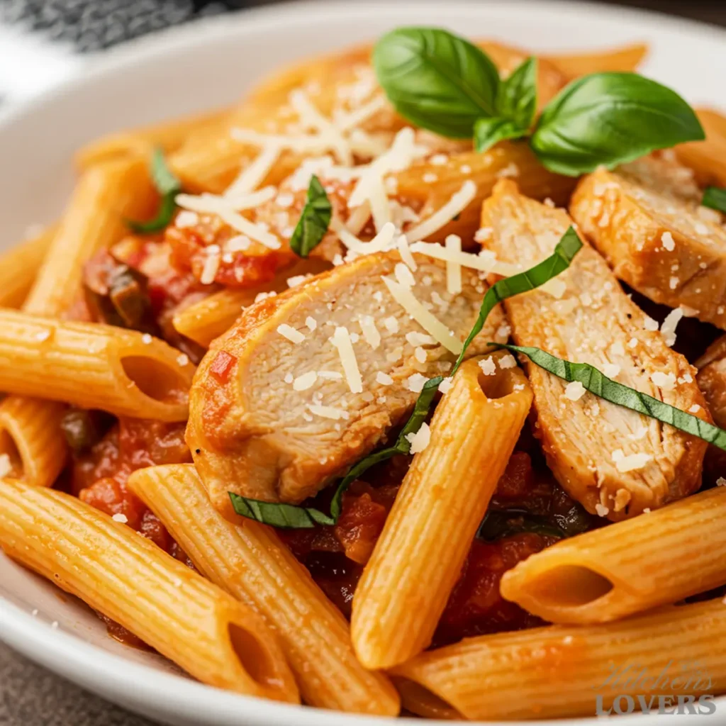 An extreme close-up, frame-filling macro shot showcasing the detailed texture of chicken pasta marinara sauce with parmesan and basil.