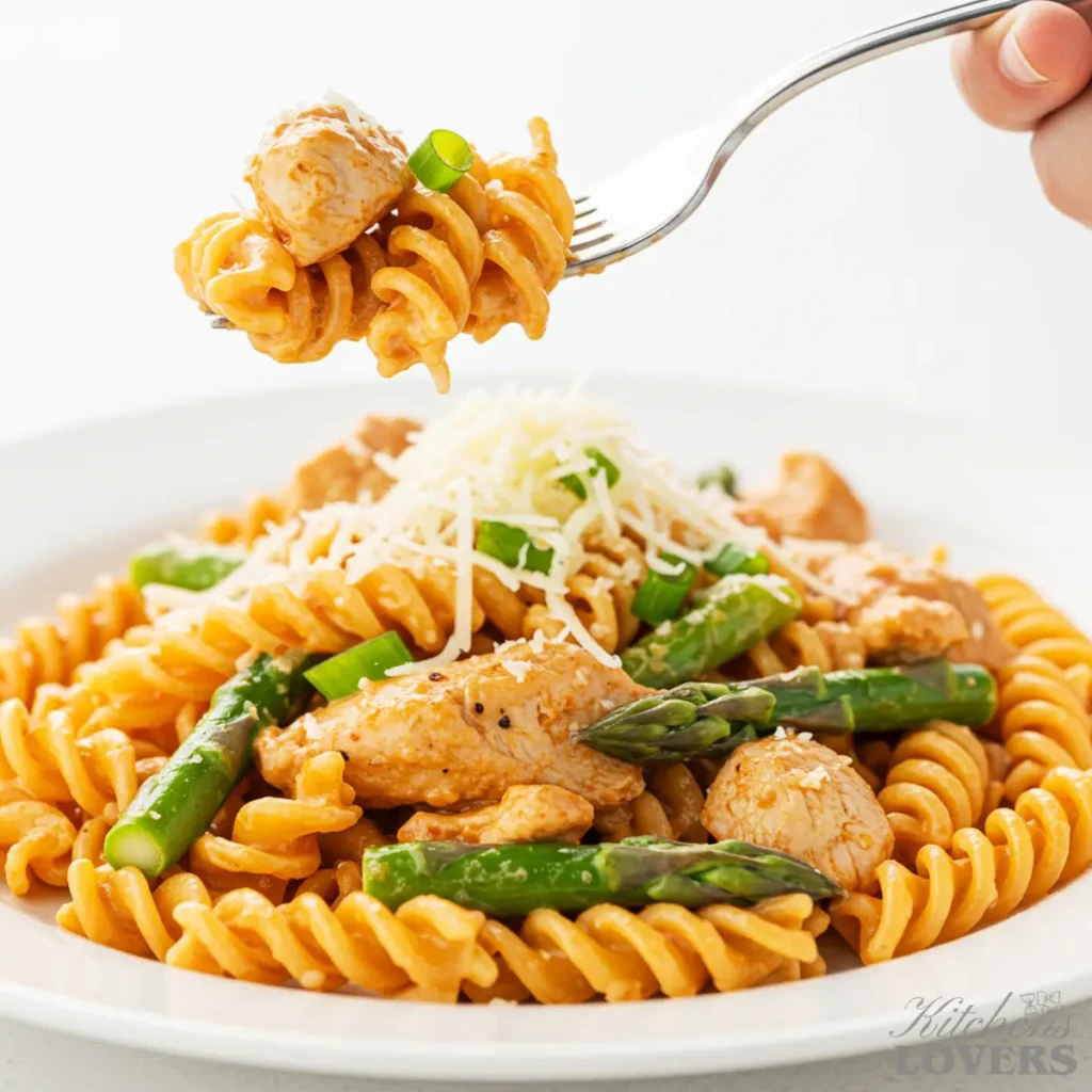 Close-up of a fork lifting a perfect bite of chipotle chicken pasta with fusilli and asparagus from a white plate.