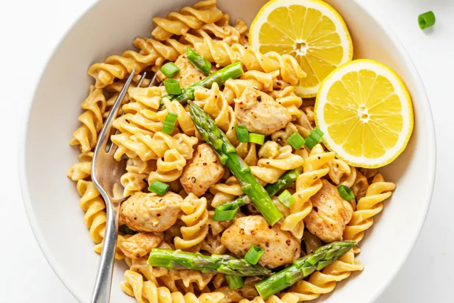 Overhead photo of chipotle chicken pasta in a white bowl on a marble surface, with parmesan and green onions on the side.