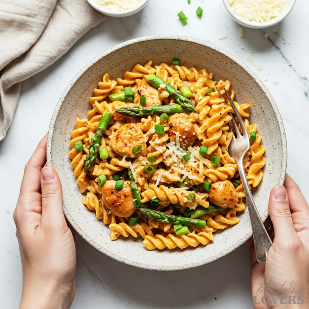 A rustic bowl of creamy chipotle chicken pasta with a fork in it, ready to eat.
