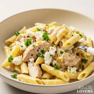Close-up of creamy goat cheese pasta with chicken, fresh parsley, and lemon zest in a white bowl.