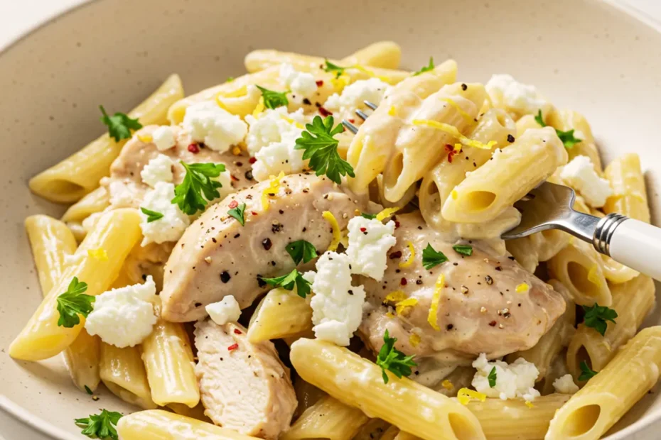 Close-up of creamy goat cheese pasta with chicken, fresh parsley, and lemon zest in a white bowl.