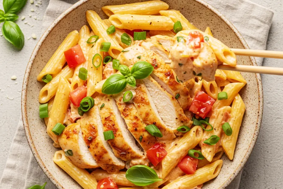 A 90-degree flatlay photo of Firebirds Chicken Pasta with creamy Asiago sauce, chicken, penne, diced tomato, green onions, and basil.