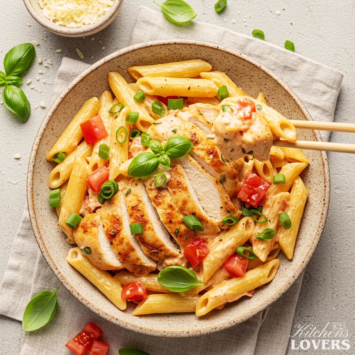 A 90-degree flatlay photo of Firebirds Chicken Pasta with creamy Asiago sauce, chicken, penne, diced tomato, green onions, and basil.