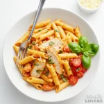 An overhead view of a white ceramic bowl filled with Firebirds Chicken Pasta on a marble surface, garnished with fresh basil.