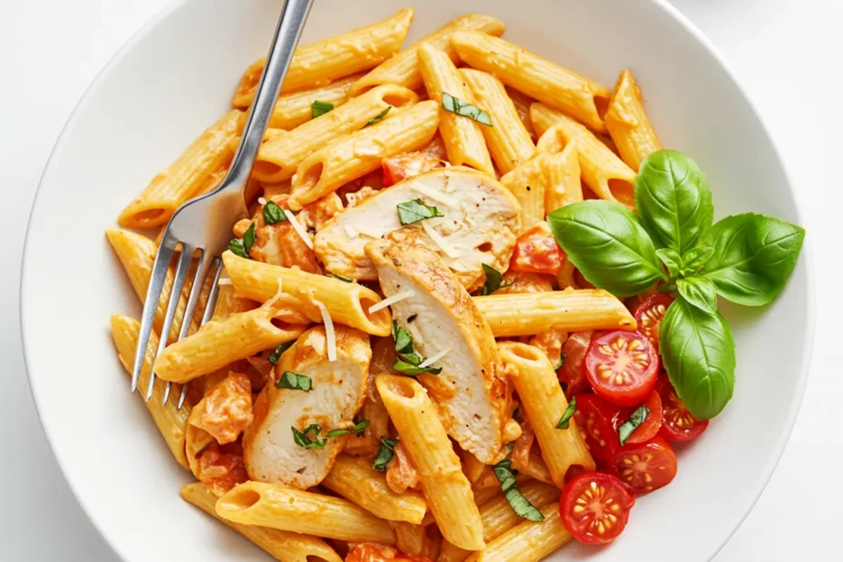 An overhead view of a white ceramic bowl filled with Firebirds Chicken Pasta on a marble surface, garnished with fresh basil.