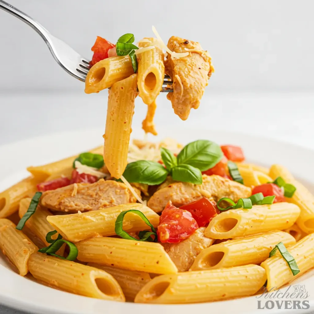 An eye-level close-up of a fork lifting a bite of Firebirds Chicken Pasta with a piece of chicken and tomato against a white background.