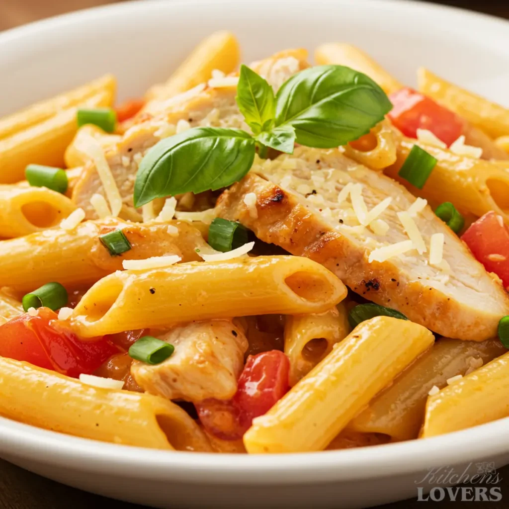 An extreme close-up of Firebirds Chicken Pasta, showing the texture of the penne, chicken, and creamy orange sauce topped with Asiago cheese.