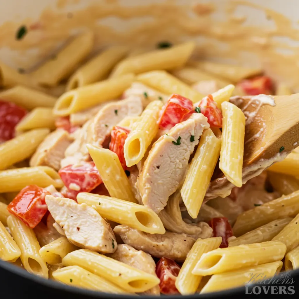 A close-up, macro photo of a wooden spoon mixing creamy Firebirds Chicken Pasta in a skillet, showing the sauce coating the penne.