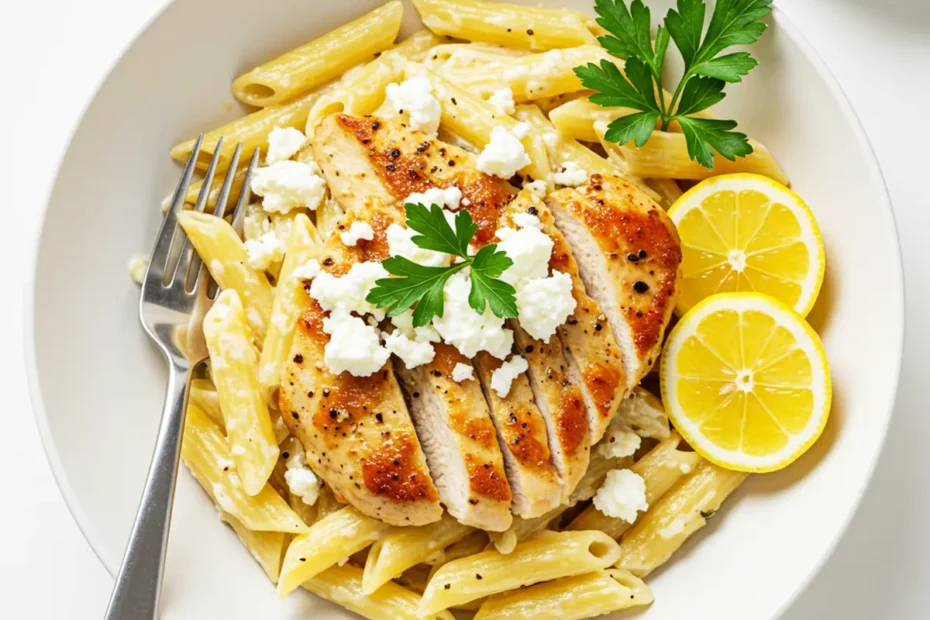 An overhead view of a white bowl filled with creamy chicken and penne pasta, garnished with goat cheese, parsley, and fresh lemon slices.