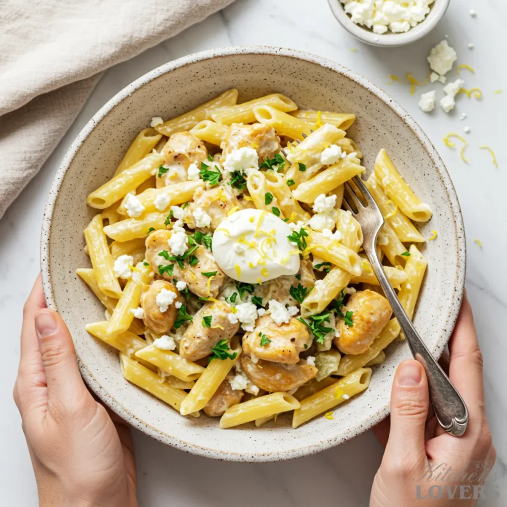 A rustic stoneware bowl filled with creamy goat cheese rigatoni, topped with seared chicken and fresh parsley.