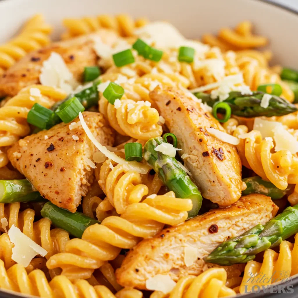 An extreme close-up macro shot of creamy chipotle chicken pasta, showing the detailed texture of the fusilli, chicken, and sauce.
