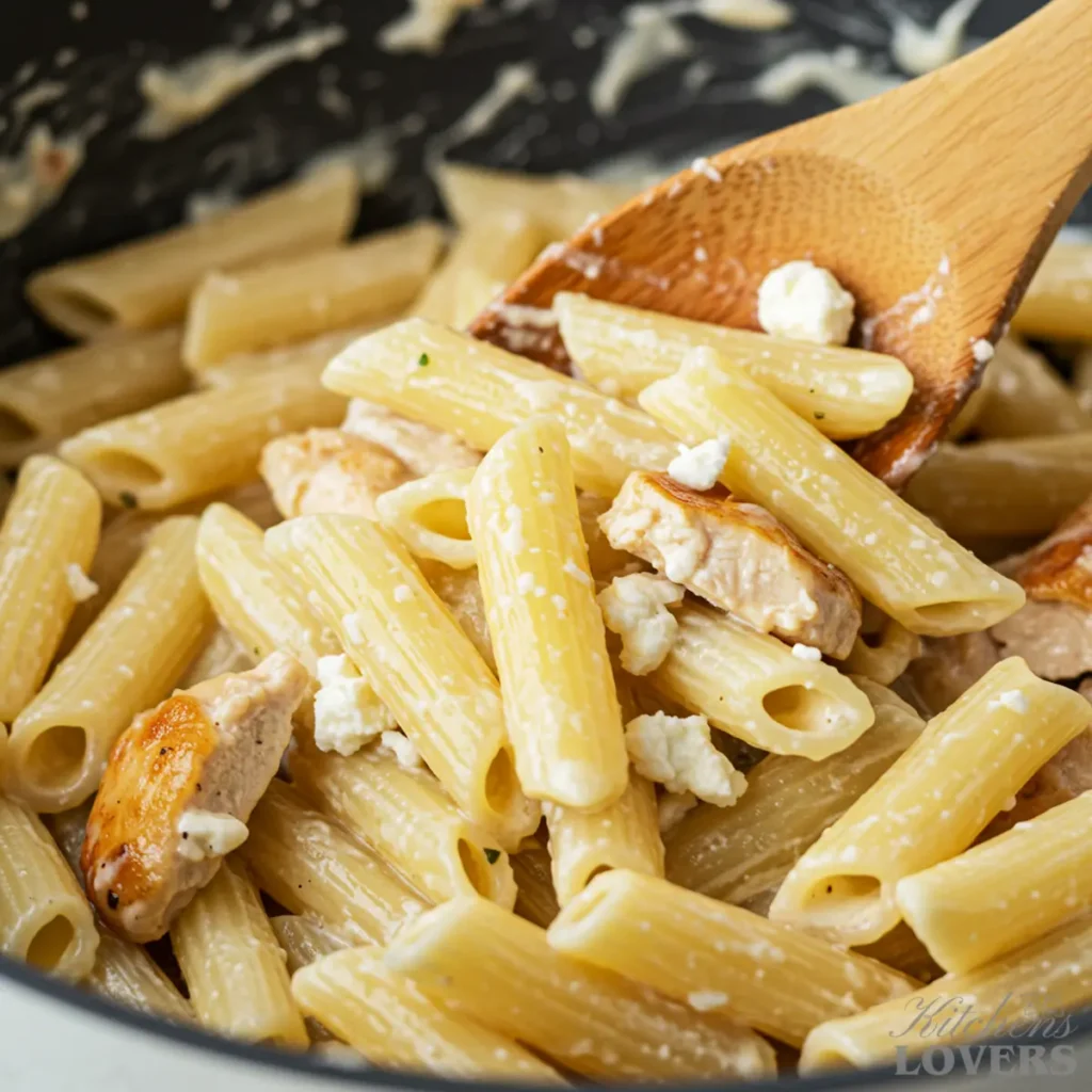 A close-up action shot showing a large handful of goat cheese and parsley being folded into a skillet full of creamy chicken pasta.