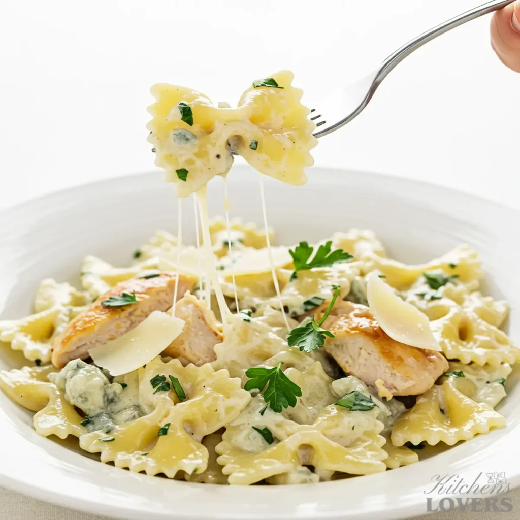 A close-up photograph of a fork lifting a piece of chicken and a farfalle noodle coated in creamy gorgonzola sauce, with fresh parsley garnish.