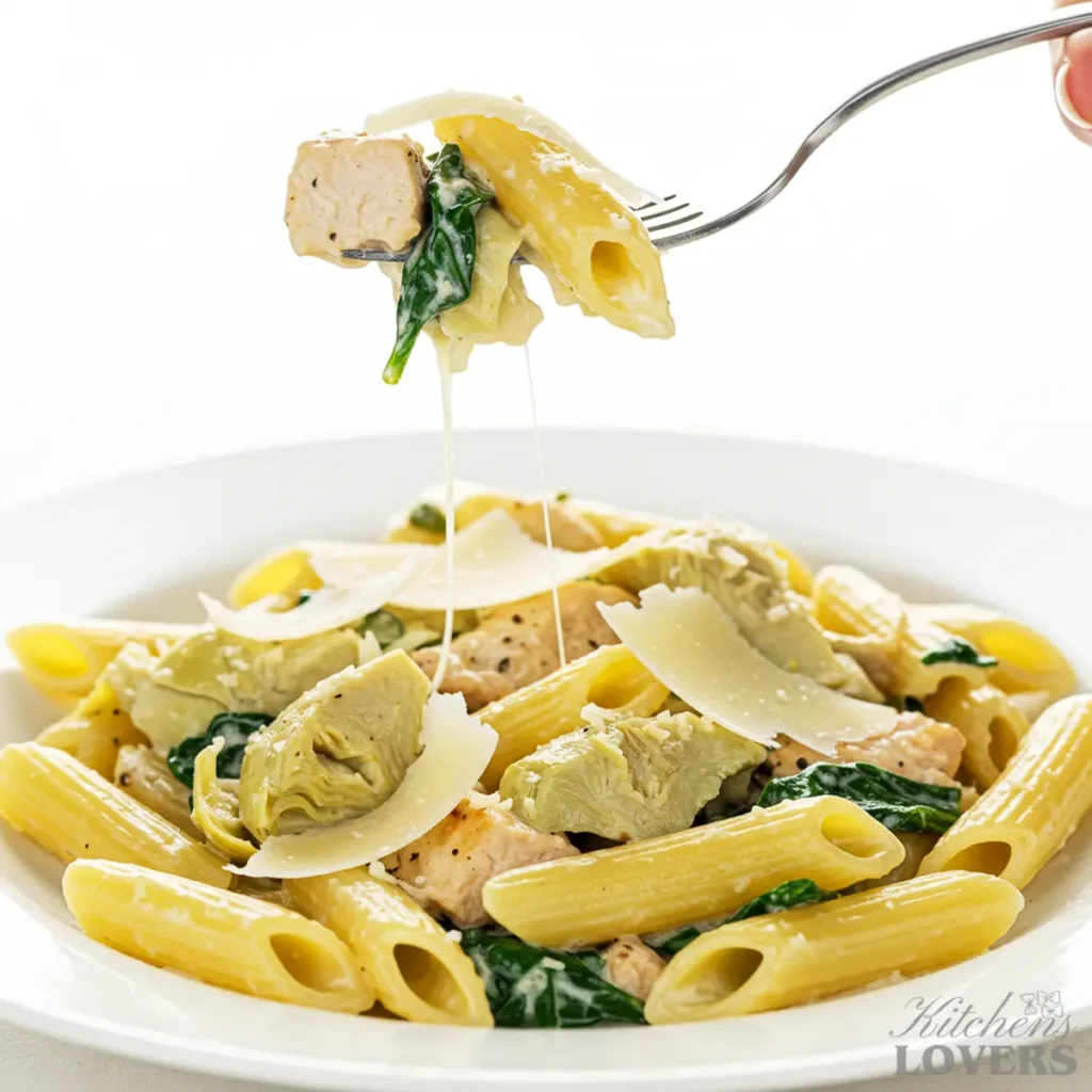 A fork lifting a perfect bite of creamy pasta.