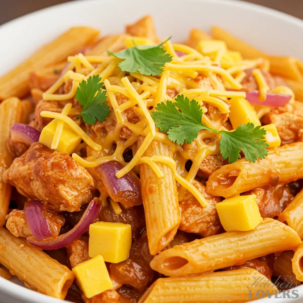 A close-up of a white bowl filled with BBQ chicken penne pasta, uniquely garnished with cubes of cheddar cheese, red onion slivers, shredded cheese, and fresh cilantro leaves.