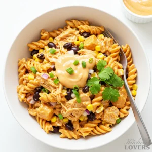 An overhead shot of a large white bowl filled with creamy BBQ chicken pasta salad, garnished with fresh cilantro and paprika. A fork is in the bowl.