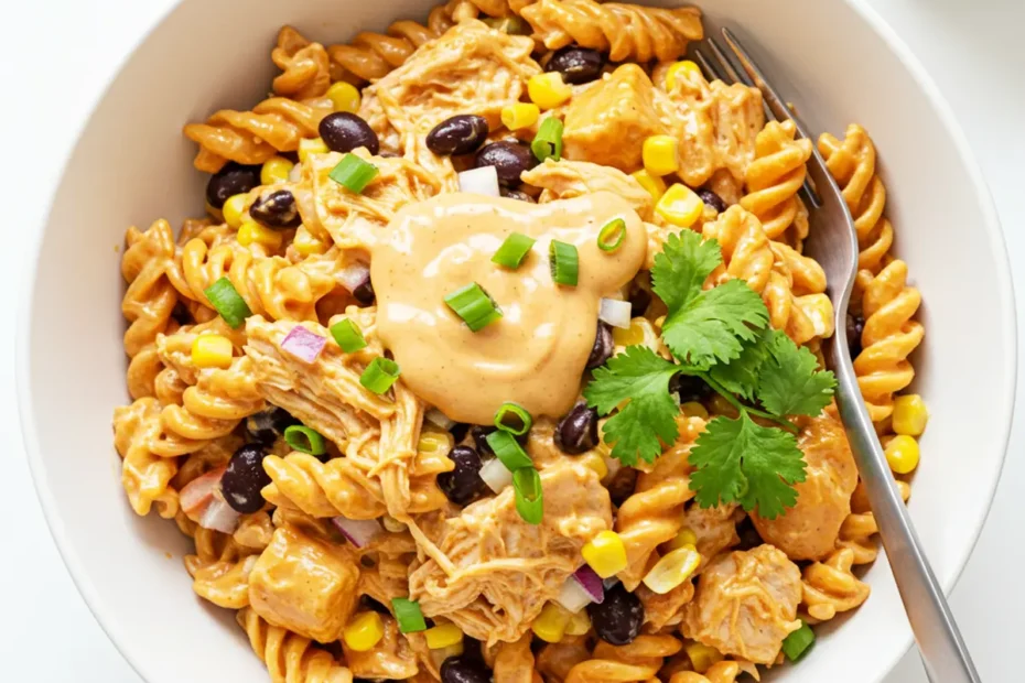 An overhead shot of a large white bowl filled with creamy BBQ chicken pasta salad, garnished with fresh cilantro and paprika. A fork is in the bowl.