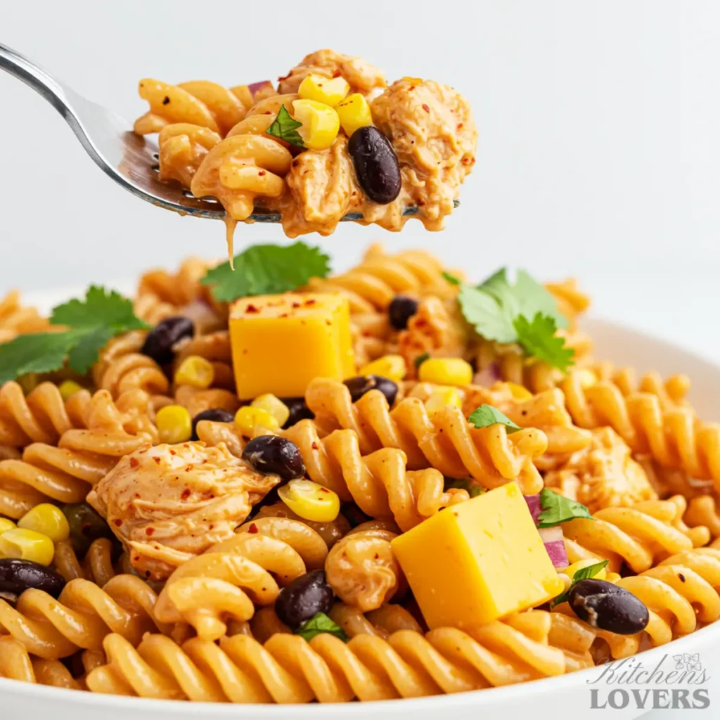 A fork lifting a perfect bite of rotini pasta salad, with a piece of chicken, corn, and a bean clearly visible.