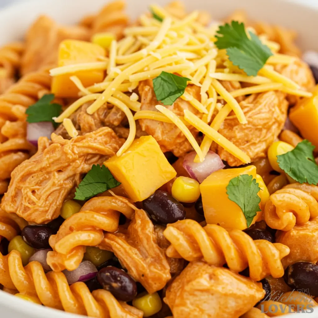 An extreme close-up photo showing the detailed texture of rotini pasta, chicken, and corn coated in a creamy sauce.