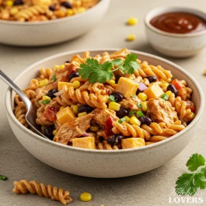 A vibrant 75-degree high-angle photo of BBQ Chicken Pasta Salad with rotini, chicken, corn, beans, cheese, and cilantro.