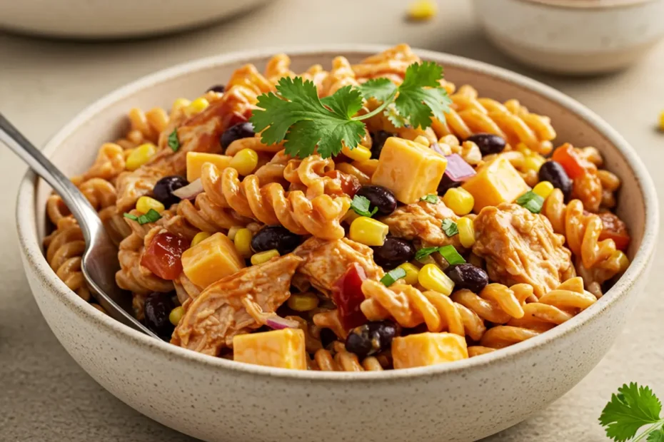 A vibrant 75-degree high-angle photo of BBQ Chicken Pasta Salad with rotini, chicken, corn, beans, cheese, and cilantro.