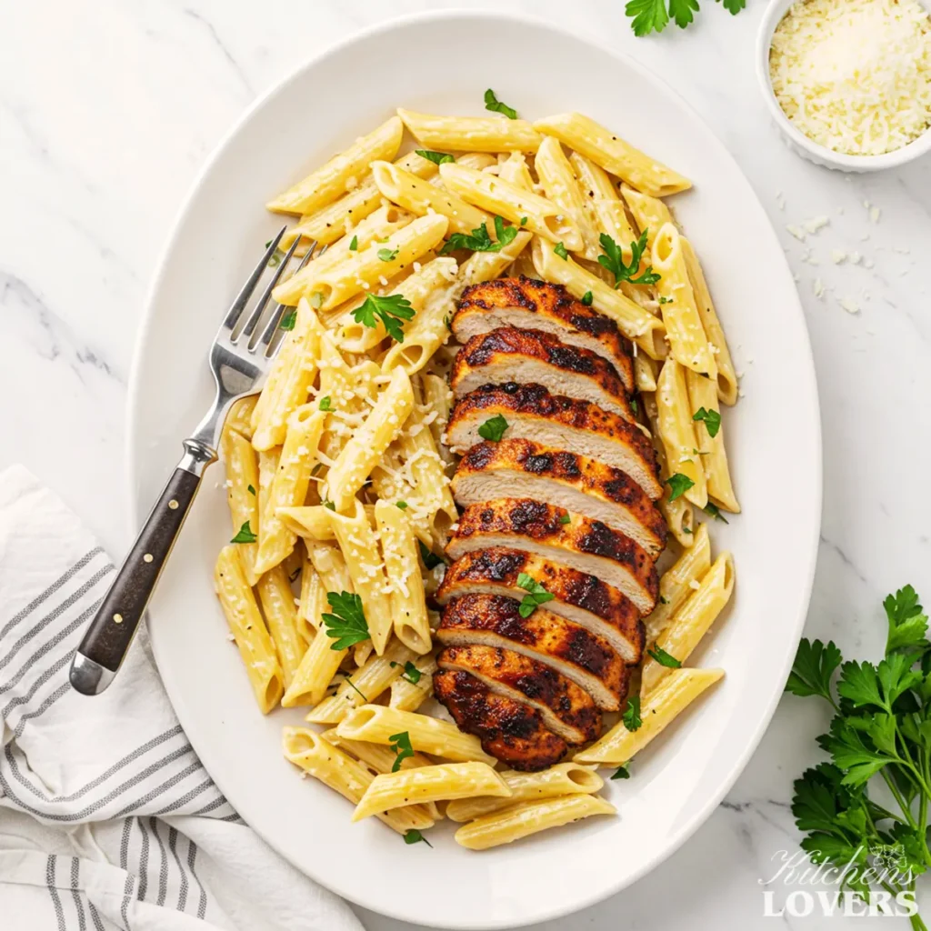 A top-down photo of creamy Blackened Chicken Pasta with fresh parsley and grated Parmesan cheese.