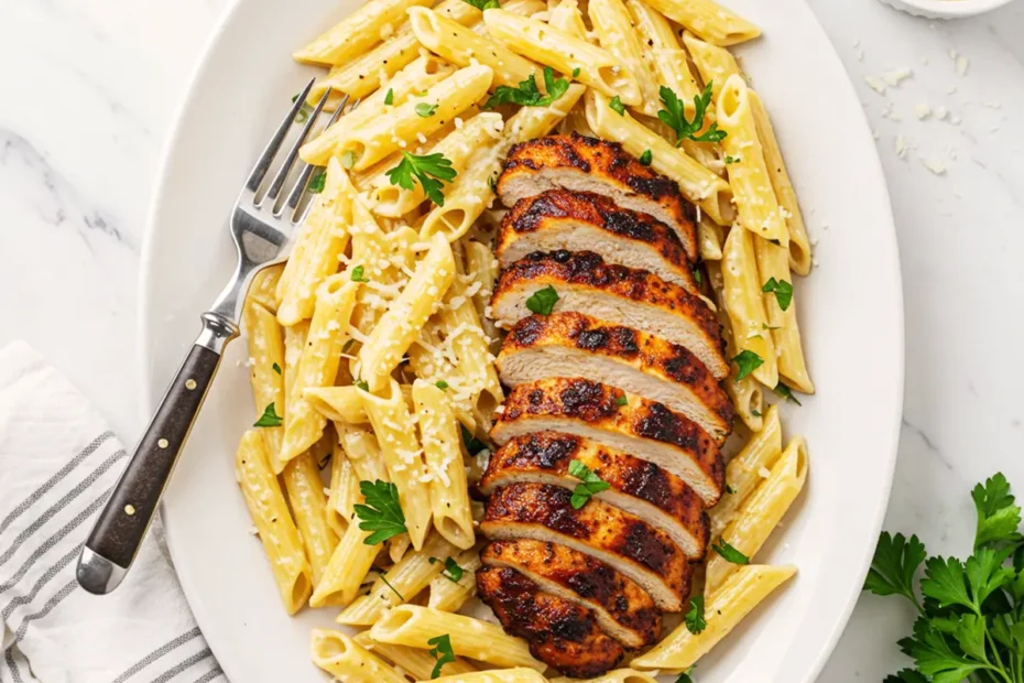 A top-down photo of creamy Blackened Chicken Pasta with fresh parsley and grated Parmesan cheese.