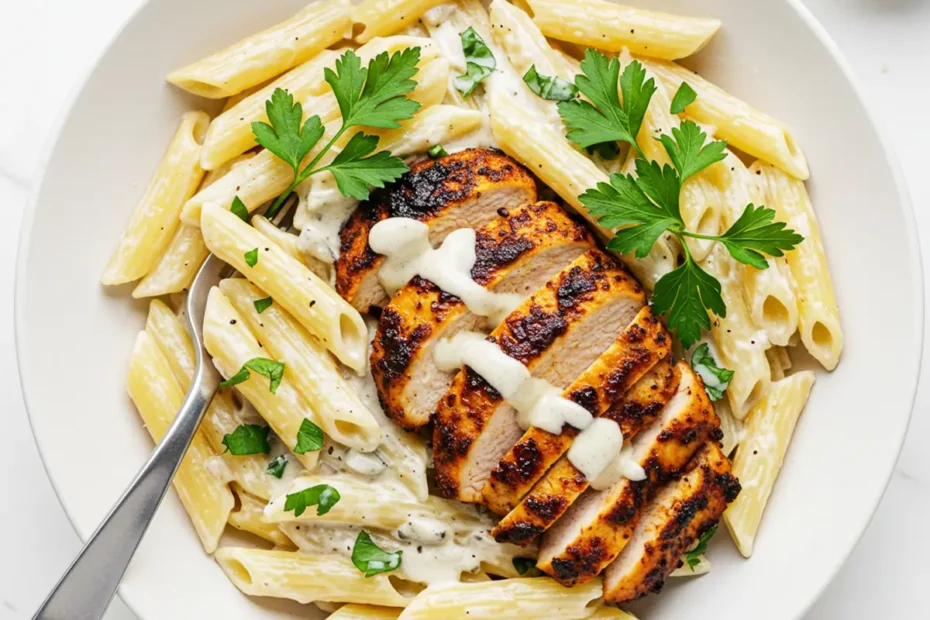 An overhead shot of a white bowl filled with creamy blackened chicken pasta, topped with sliced chicken, fresh parsley, and a side of Parmesan cheese.