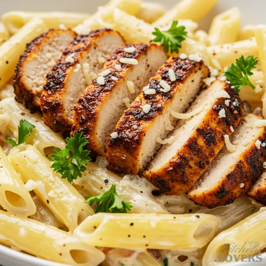 An extreme close-up macro photo showing the detailed texture of blackened chicken and creamy penne pasta, garnished with Parmesan and parsley.