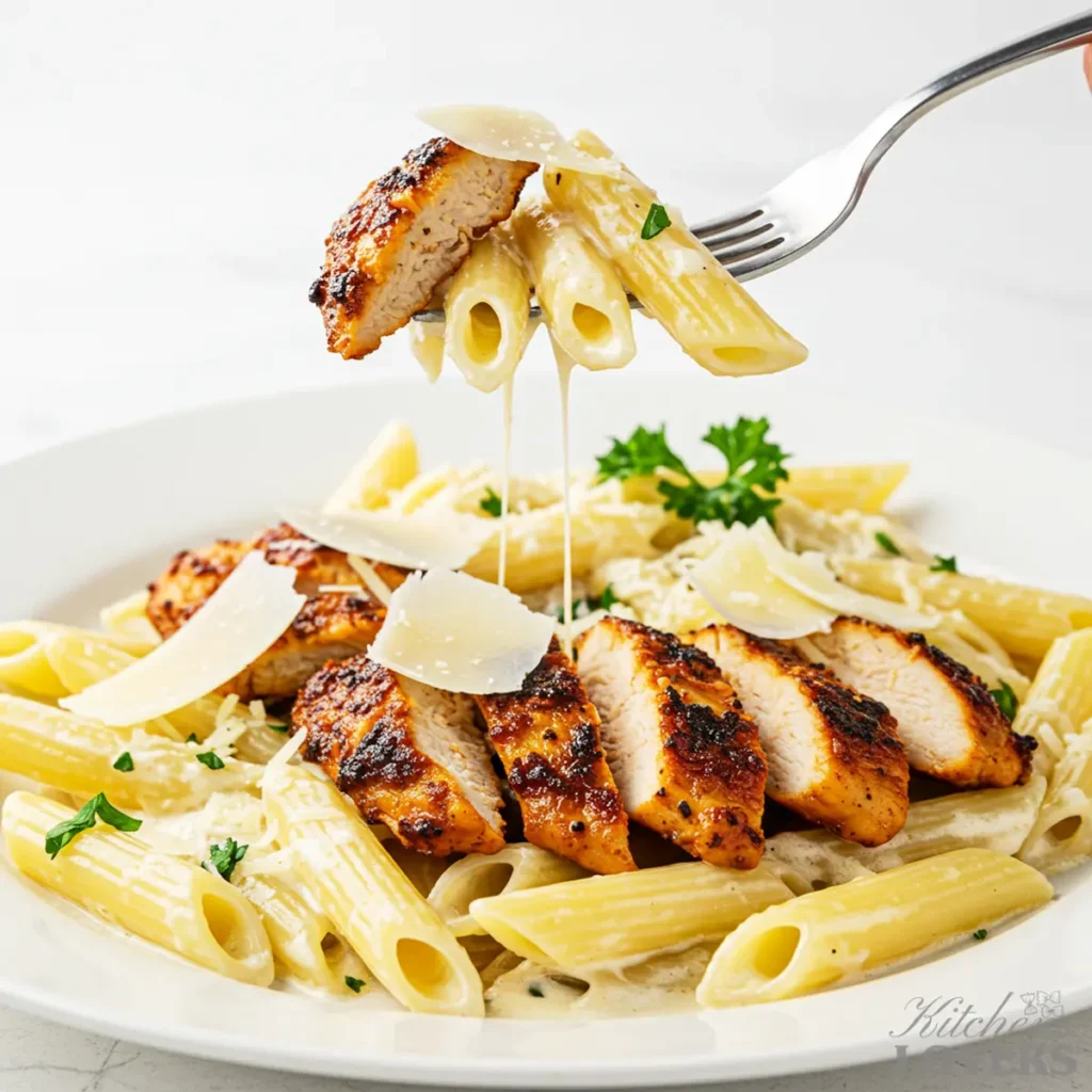 A fork lifting a perfect bite of blackened chicken pasta, showing a piece of chicken and penne coated in cream sauce, towards the camera.