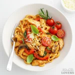 Overhead photo of Chicken Cacciatore Fettuccine in a large white bowl, mixed with mushrooms and peppers, and garnished with fresh herbs and Pecorino cheese.