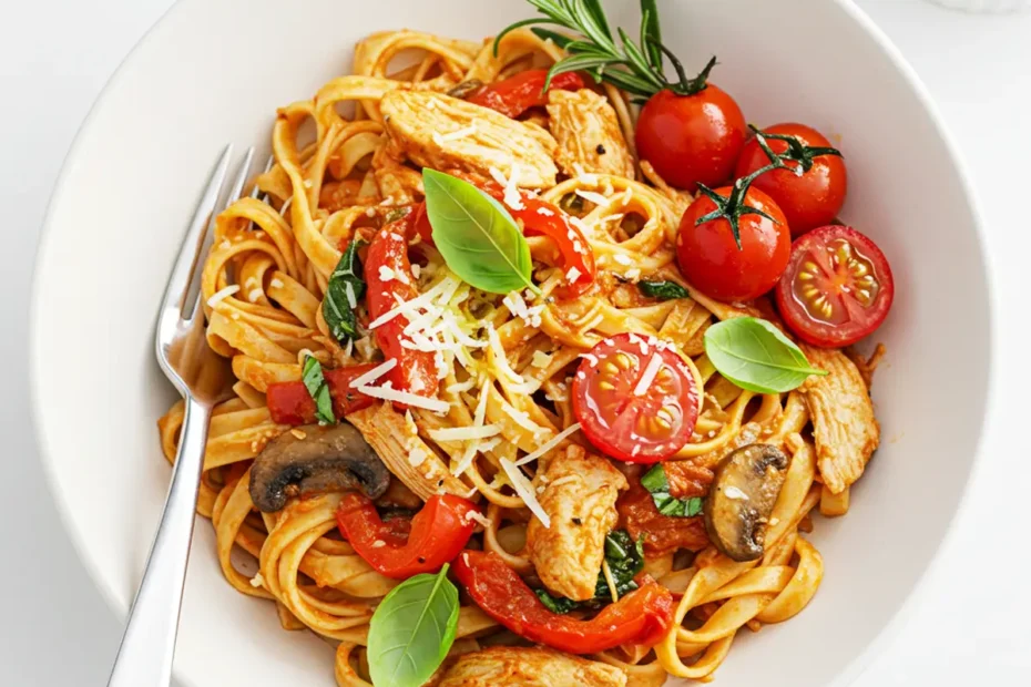 Overhead photo of Chicken Cacciatore Fettuccine in a large white bowl, mixed with mushrooms and peppers, and garnished with fresh herbs and Pecorino cheese.